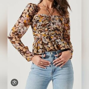 NWOT! ASTR The Label Anthro Women's Toni Floral Spring Peplum Blouse XS